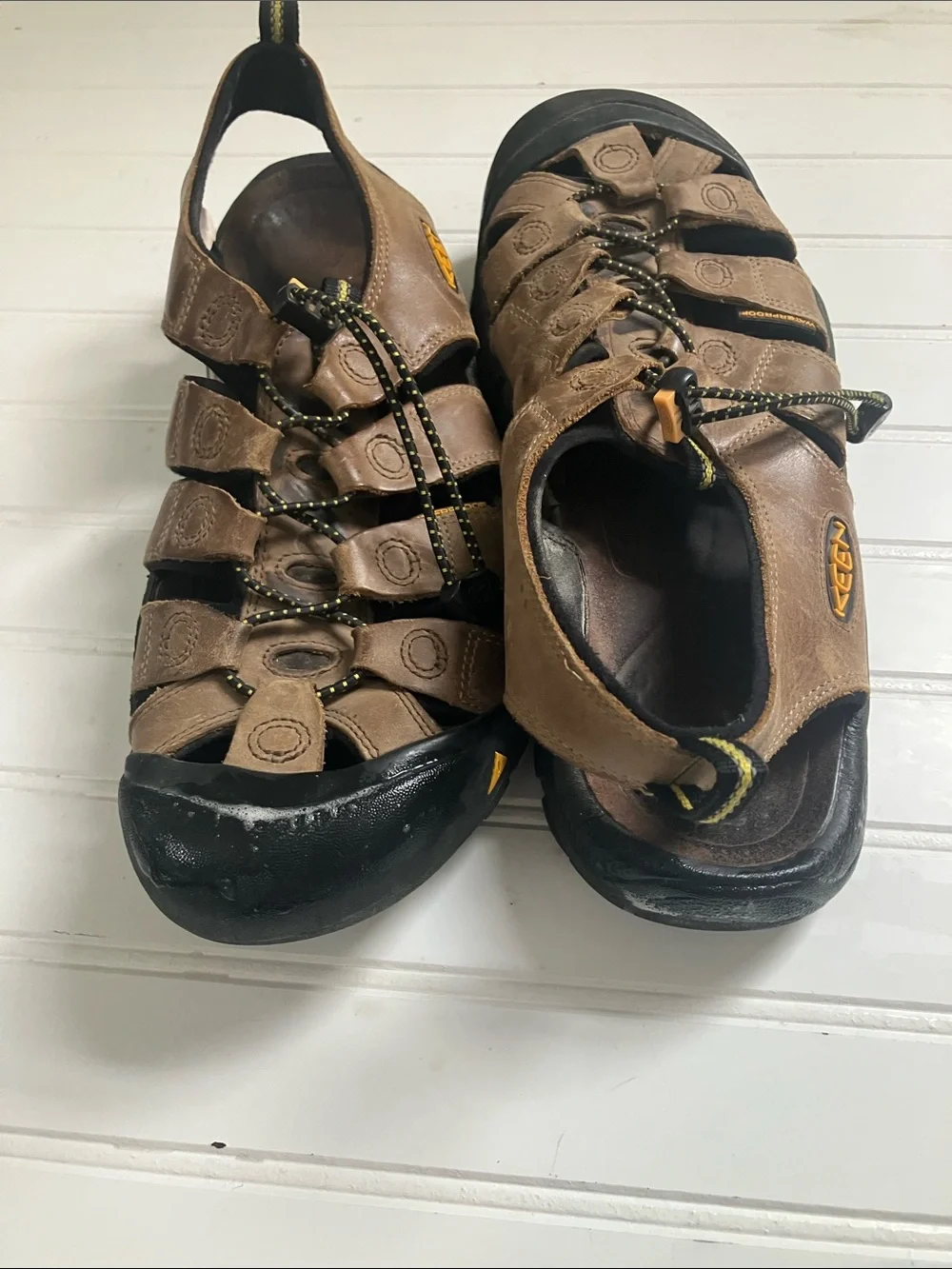 KEEN Brown Leather Outdoor Sandal with Black Sole and Yellow Accents